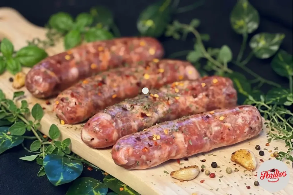 Fresh raw Parillo's hot link sausages seasoned with red chili flakes and mixed herbs, laid on a wooden cutting board surrounded by fresh oregano, thyme, basil, roasted garlic cloves and mixed peppercorns on a dark background