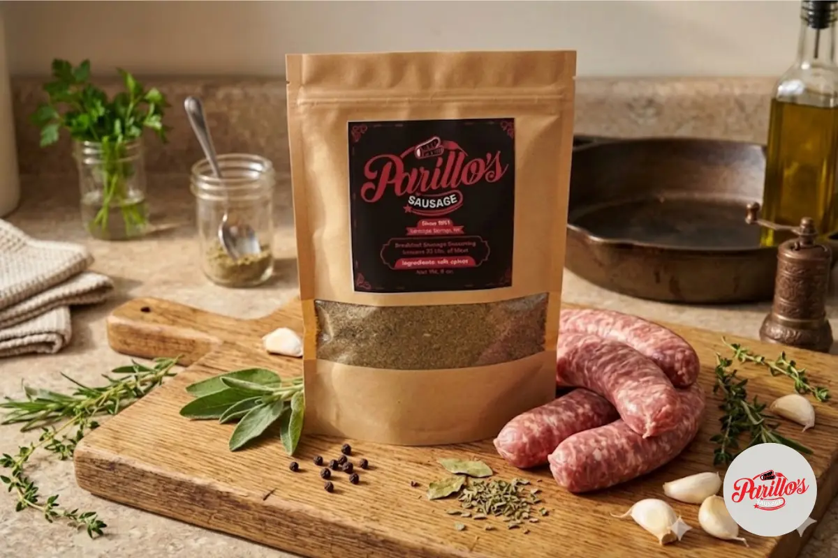 Parillo's Breakfast Sausage seasoning pack on a wooden cutting board beside fresh raw sausage links, sage leaves, thyme, rosemary, garlic cloves, black peppercorns, and a spice jar in a warm rustic kitchen