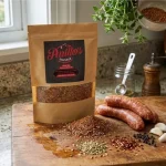 Parillo's Hot Italian Sausage seasoning pack on a wooden cutting board with spilled red chili flakes and fennel seeds, fresh raw sausage links, garlic cloves, black pepper, a brass mortar and pestle, and pepper grinders in a bright kitchen