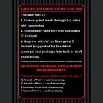 Back label of Parillo's Sausage Sweet Italian Seasoning Pack on a black background with red and white text. The label shows "Suggested Directions for Use": 1) Shake well; 2) Coarse-grind meat through a ½-inch plate with seasoning; 3) Thoroughly hand mix and add water if desired; 4) Regrind with ½-inch or finer grind if desired and package into bulk or stuff into casings. Below that, a "Delicious Sausage Tips & Handy Measurements" section notes an 80/20 meat-to-fat ratio recommendation and seasoning amounts: 15 lbs pork = 6 oz seasoning, 10 lbs = 4 oz, 5 lbs = 2 oz, 1 lb = 0.4 oz.