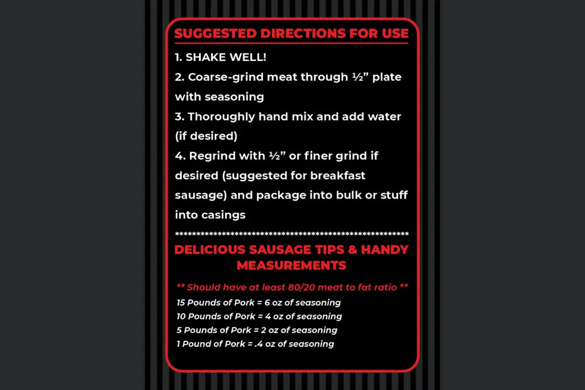 Back label of Parillo's Sausage Sweet Italian Seasoning Pack on a black background with red and white text. The label shows "Suggested Directions for Use": 1) Shake well; 2) Coarse-grind meat through a ½-inch plate with seasoning; 3) Thoroughly hand mix and add water if desired; 4) Regrind with ½-inch or finer grind if desired and package into bulk or stuff into casings. Below that, a "Delicious Sausage Tips & Handy Measurements" section notes an 80/20 meat-to-fat ratio recommendation and seasoning amounts: 15 lbs pork = 6 oz seasoning, 10 lbs = 4 oz, 5 lbs = 2 oz, 1 lb = 0.4 oz.