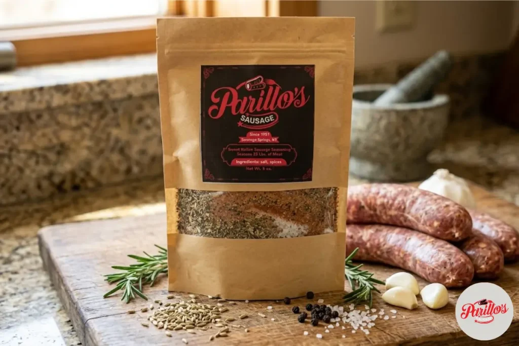 Parillo's Sweet Italian Sausage seasoning pack displayed on a wooden cutting board next to fresh raw sausage links, rosemary sprigs, garlic cloves, fennel seeds, black pepper, and coarse salt in a rustic kitchen setting