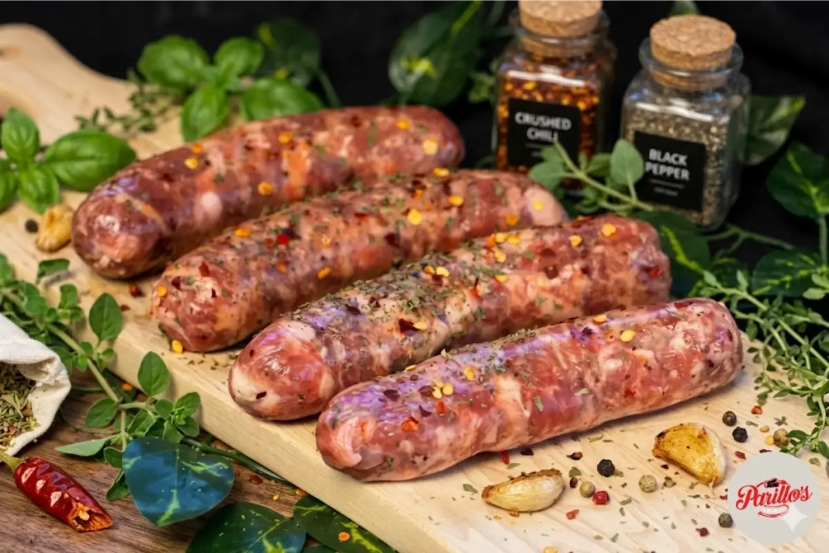 Fresh raw Parillo's Retail Breakfast Bulk sausage links seasoned with crushed chili flakes and dried herbs on a wooden cutting board, surrounded by fresh basil, oregano, thyme, roasted garlic, dried red chili peppers, and jars of crushed chili and black pepper on a dark background