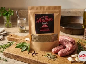 Parillo's Breakfast Sausage seasoning pack on a wooden cutting board beside fresh raw sausage links, sage leaves, thyme, rosemary, garlic cloves, black peppercorns, and a spice jar in a warm rustic kitchen