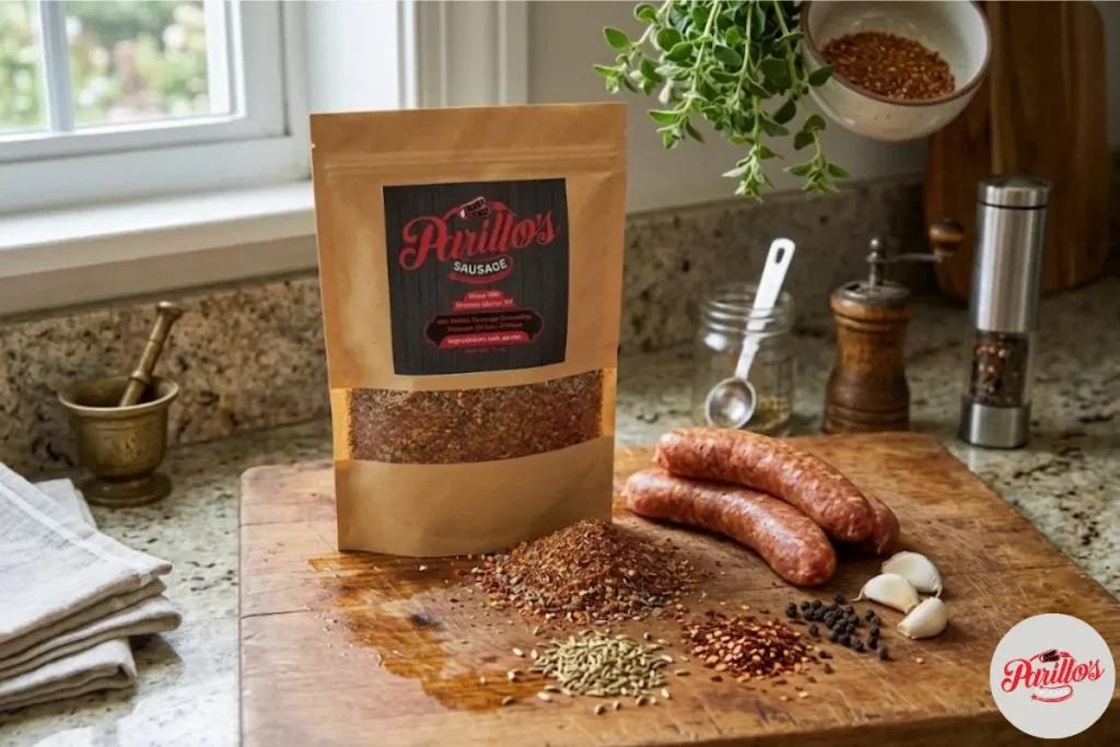 Parillo's Hot Italian Sausage seasoning pack on a wooden cutting board with spilled red chili flakes and fennel seeds, fresh raw sausage links, garlic cloves, black pepper, a brass mortar and pestle, and pepper grinders in a bright kitchen