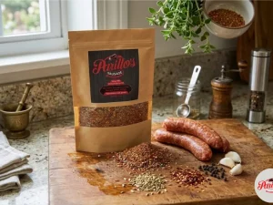 Parillo's Hot Italian Sausage seasoning pack on a wooden cutting board with spilled red chili flakes and fennel seeds, fresh raw sausage links, garlic cloves, black pepper, a brass mortar and pestle, and pepper grinders in a bright kitchen