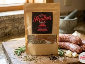 Parillo's Sweet Italian Sausage seasoning pack displayed on a wooden cutting board next to fresh raw sausage links, rosemary sprigs, garlic cloves, fennel seeds, black pepper, and coarse salt in a rustic kitchen setting