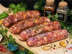 A pack of Pirillo's fresh breakfast bulk sausages seasoned with crushed chili and black pepper, displayed on a wooden cutting board with fresh herbs, dried chili peppers, roasted garlic, and spice jars in the background.